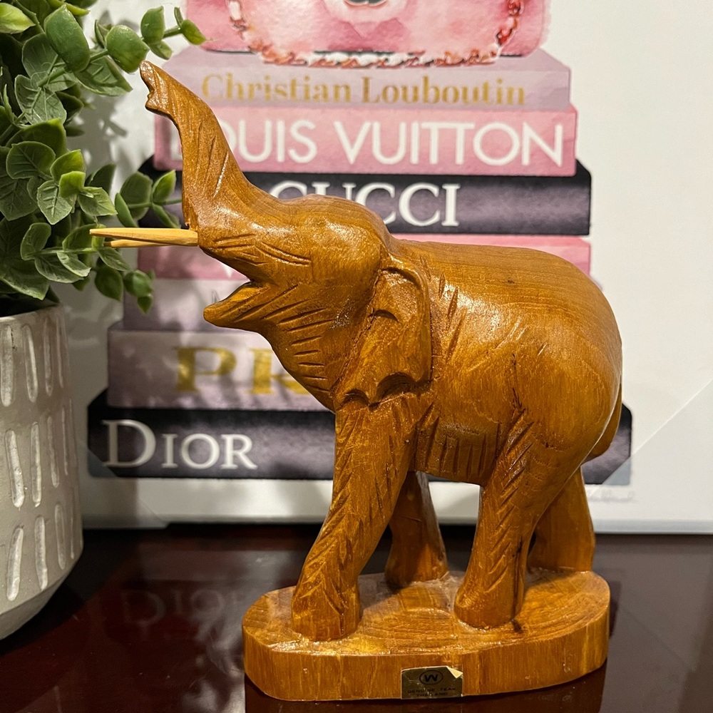 Vintage Thailand Solid Teak Wood Hand Carved Elephant Statue 6.5” Trunk Up